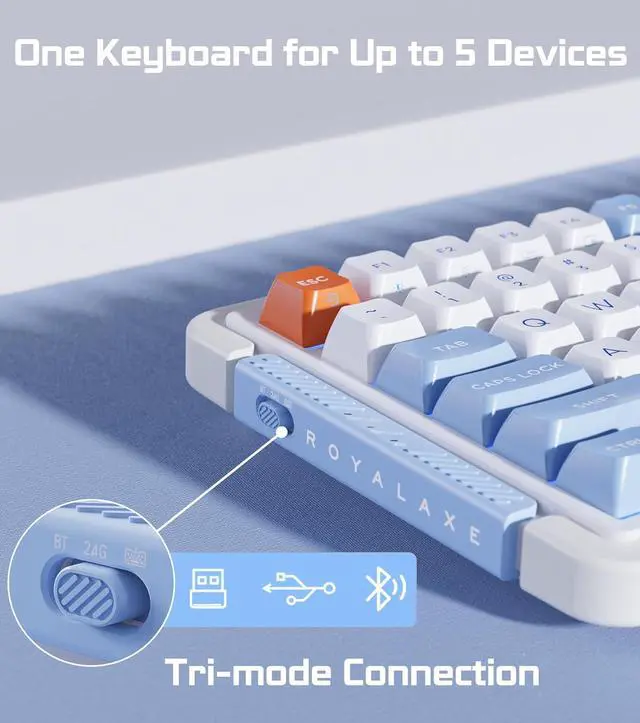 Alt view image 4 of 7 - L75 Wireless Mechanical Keyboard, Hot-swappable Wired/Bluetooth 5.0/2.4G Wireless Keyboard with RGB Backlit for Windows & Mac, PBT Keycaps, Gateron Yellow Switch Pro, Navy White