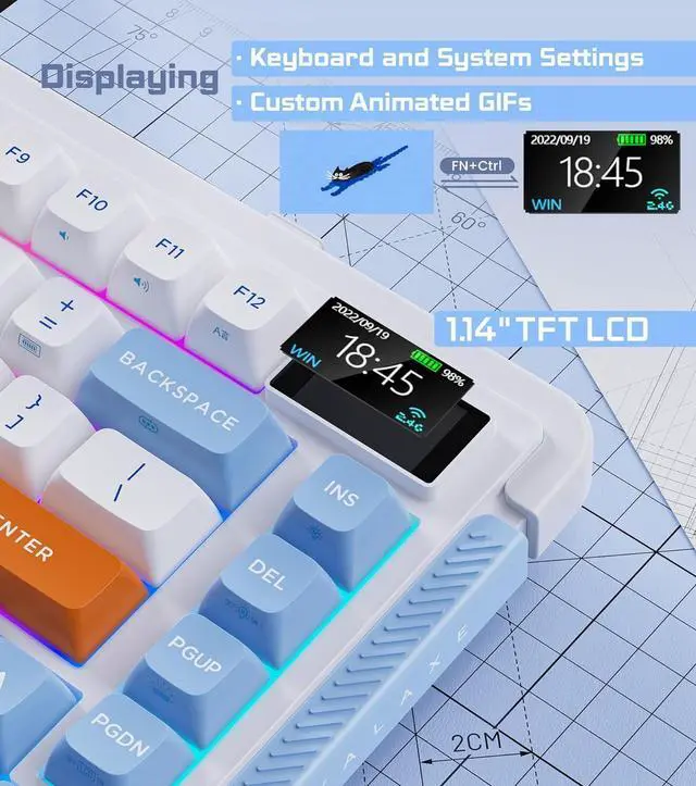 Alt view image 2 of 7 - L75 Wireless Mechanical Keyboard, Hot-swappable Wired/Bluetooth 5.0/2.4G Wireless Keyboard with RGB Backlit for Windows & Mac, PBT Keycaps, Gateron Yellow Switch Pro, Navy White