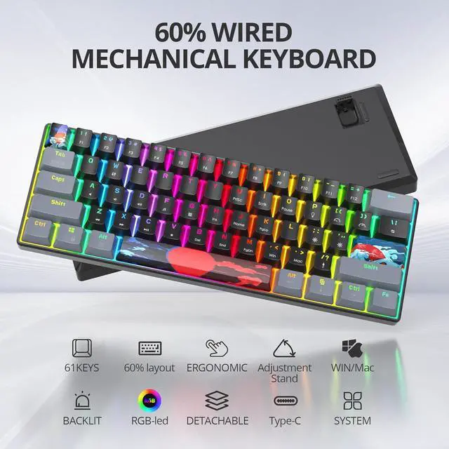 Alt view image 2 of 7 - Protable 60% Percent Gaming Keyboard Mechanical, Mini Compact RGB Backlit 61 Keys Wired Office Keyboard with Blue Switch for Mac/Win (Dark/Blue Switch)