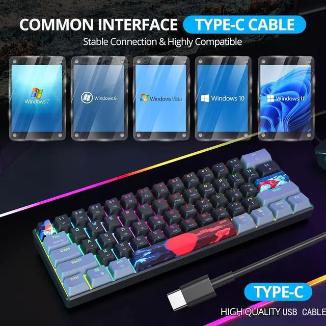 Alt view image 6 of 7 - Protable 60% Percent Gaming Keyboard Mechanical, Mini Compact RGB Backlit 61 Keys Wired Office Keyboard with Blue Switch for Mac/Win (Dark/Blue Switch)