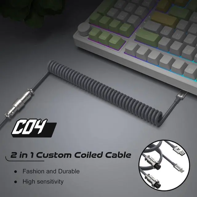 Alt view image 2 of 7 - Coiled Keyboard Cable for Gaming Custom Keyboard,Double-Sleeved Coiled USB C Cable with Detachable Metal Aviator,USB A To Type C&Type C To Type C for Mechanical Keybaord,Printer,Phone,Ipad,Xbox-Grey