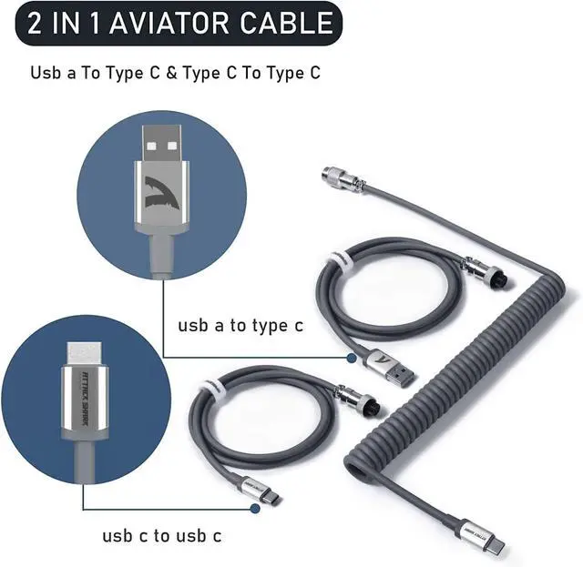 Alt view image 3 of 7 - Coiled Keyboard Cable for Gaming Custom Keyboard,Double-Sleeved Coiled USB C Cable with Detachable Metal Aviator,USB A To Type C&Type C To Type C for Mechanical Keybaord,Printer,Phone,Ipad,Xbox-Grey