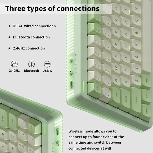 Alt view image 3 of 6 - nuphy Halo96 V2 Wireless Mechanical Gaming Keyboard, Gasket Structure, 96% Hot Swappable, 99 Keys RGB Backlit, Bluetooth/USB-C/2.4GHz, Raspberry Switches (46gf), Green
