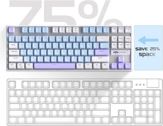 Alt view image 3 of 7 - MageGee 75% Mechanical Gaming Keyboard, Blue Switch, LED Blue Backlit, 87 Keys Compact TKL Wired Keyboards for Windows Laptop PC Gamer - Blue/White