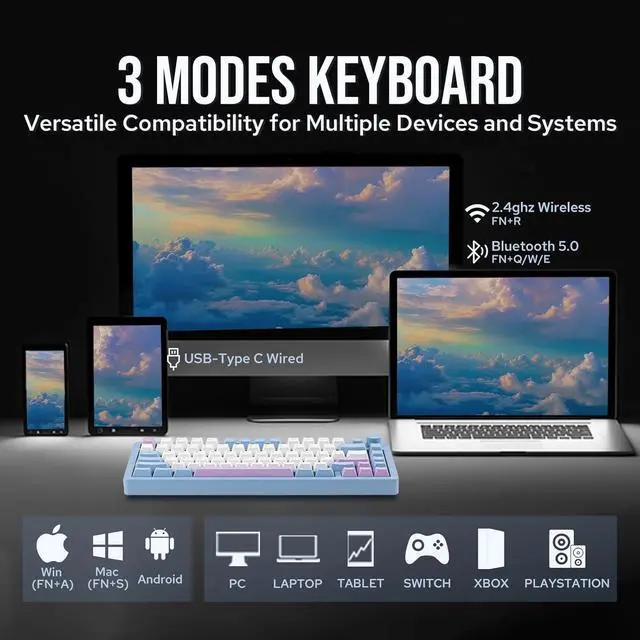 Alt view image 3 of 7 - Blade75 Wireless Aluminum Mechanical Gaming Keyboard, BT5.0/2.4GHz/USB-C Hot Swappable Custom Creamy Keyboard with 4000mAh Battery, Knob, RGB Backlit, NKRO for Win/Mac/Games/Office (Blue)