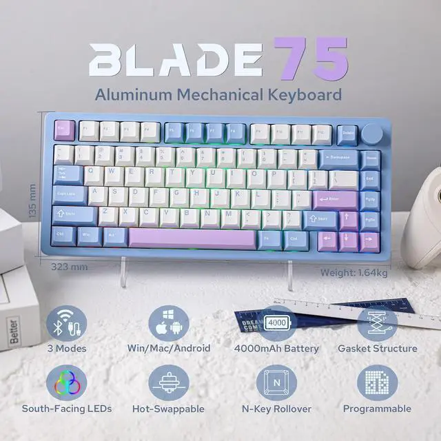 Alt view image 2 of 7 - Blade75 Wireless Aluminum Mechanical Gaming Keyboard, BT5.0/2.4GHz/USB-C Hot Swappable Custom Creamy Keyboard with 4000mAh Battery, Knob, RGB Backlit, NKRO for Win/Mac/Games/Office (Blue)