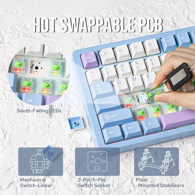 Alt view image 4 of 7 - Blade75 Wireless Aluminum Mechanical Gaming Keyboard, BT5.0/2.4GHz/USB-C Hot Swappable Custom Creamy Keyboard with 4000mAh Battery, Knob, RGB Backlit, NKRO for Win/Mac/Games/Office (Blue)