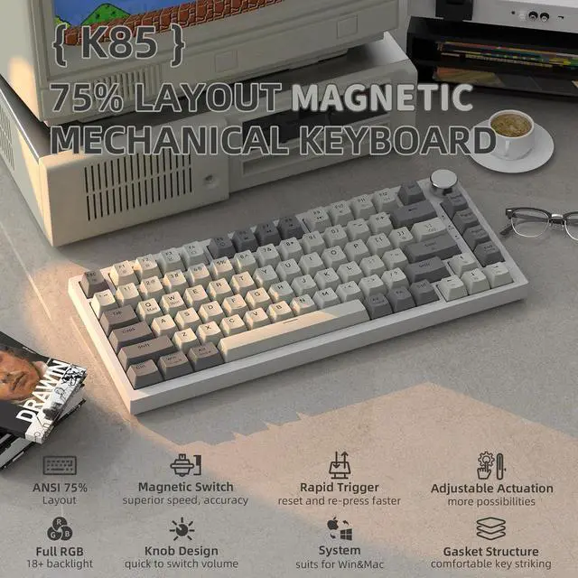 Alt view image 2 of 7 - ATTACK SHARK K85 Rapid Trigger 75% Wired Mechanical Gaming Keyboard Gasket with Hot Swapped Adjustable Actuation Magnetic Switch Programmable Knob TKL RGB Backlit PBT Keycaps for Win Mac Gamer(Gray)