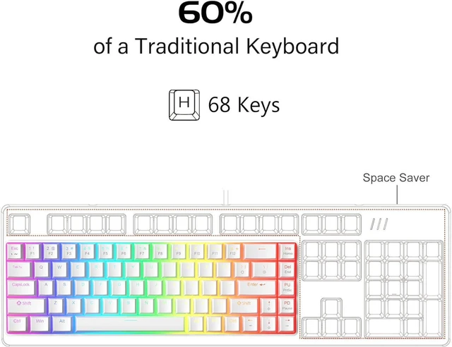 Alt view image 2 of 7 - MageGee Portable 60% Mechanical Gaming Keyboard, Red Switch, PBT Pudding Keycaps RGB Backlit Compact 68 Keys Mini Wired Office Keyboard for Windows Laptop PC - White