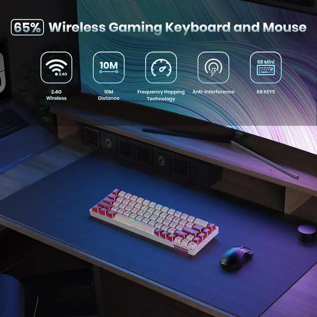 Alt view image 2 of 7 - 65% Wireless Gaming Keyboard: LED Backlit, 68 Keys, Ultra-Compact, Anti-ghosting, No-Conflict Wireless Keyboard for PC Laptop Windows Gamer(White-Red)