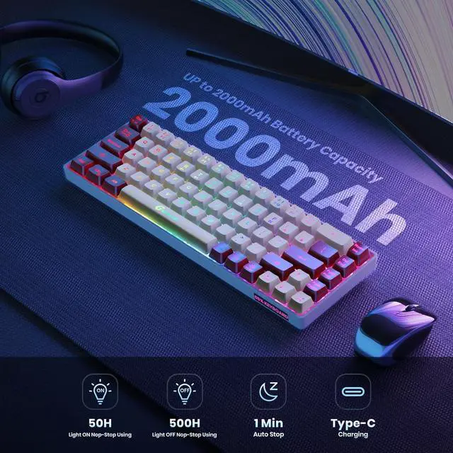 Alt view image 3 of 7 - 65% Wireless Gaming Keyboard: LED Backlit, 68 Keys, Ultra-Compact, Anti-ghosting, No-Conflict Wireless Keyboard for PC Laptop Windows Gamer(White-Red)