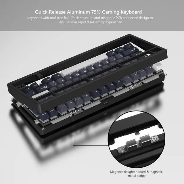 Alt view image 2 of 6 - Womier RD75 Pro 75% Wireless Gaming Keyboard, Quick Release Aluminum Keyboard, QMK/VIA Tri-Mode Mechanical Key Board Custom Hot Swappable with RGB Creamy for Windows/Mac/PC (Black)