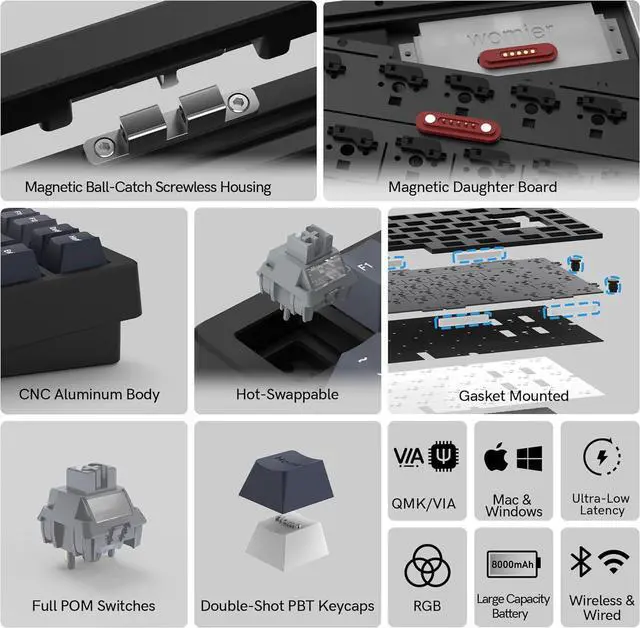 Alt view image 4 of 6 - Womier RD75 Pro 75% Wireless Gaming Keyboard, Quick Release Aluminum Keyboard, QMK/VIA Tri-Mode Mechanical Key Board Custom Hot Swappable with RGB Creamy for Windows/Mac/PC (Black)