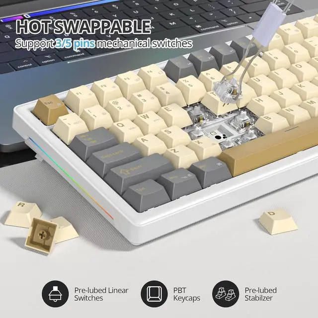 Alt view image 5 of 6 - 75% Retro Mechanical Keyboard Gasket with Knob, Custom Wired Creamy Gaming Keyboard TKL 75 Percent Hot Swappable RGB Backlit, Pre-lubed Switch for Win/MAC PC LaptopShimmer/White Switch
