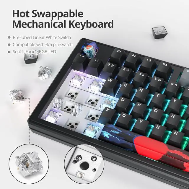 Alt view image 3 of 6 - Owpkeenthy 75% Gasket Mounted Mechanical Gaming Keyboard Hot Swappable, Wired 87 Keys South-Facing RGB Keyboard with Quiet Linear White Switch Cherry Keycaps for Win mac (Black)