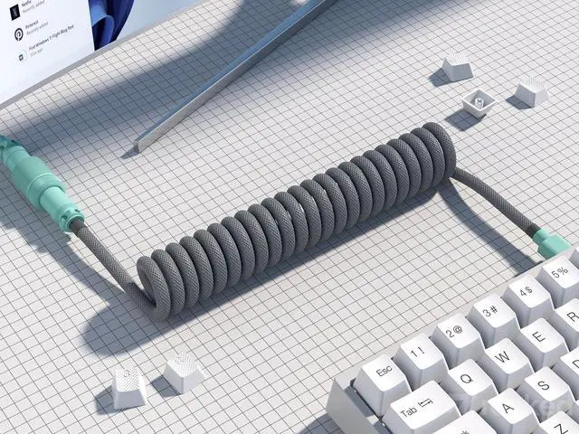 Alt view image 3 of 7 - Ranked Coiled Keyboard Cable | Handcrafted Double-Sleeved Braided Cable | USB Type C to A | 5-Pin Aviator Connector for Custom Mechanical Gaming Keyboard | Support Fast Charge 20W (Dolch)