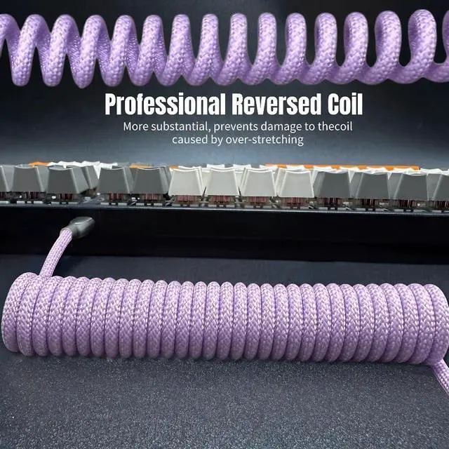 Alt view image 2 of 6 - USB C Coiled Keyboard Cable - Gaming Keyboard Coil Cord ,Custom Type Braided Mechanical Keyboard Cable With Detachable Metal Aviator Wire, 1.5M USB-C to USB-A, Computer Decoration Keyboard Wire Purple