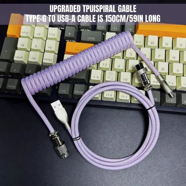 Alt view image 6 of 6 - USB C Coiled Keyboard Cable - Gaming Keyboard Coil Cord ,Custom Type Braided Mechanical Keyboard Cable With Detachable Metal Aviator Wire, 1.5M USB-C to USB-A, Computer Decoration Keyboard Wire Purple