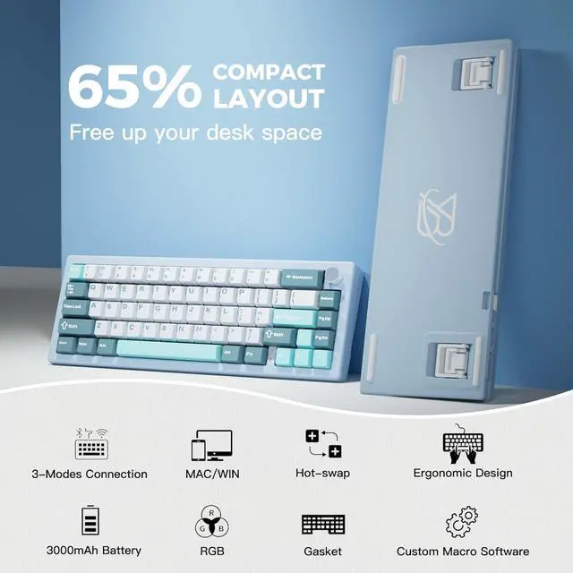 Alt view image 2 of 7 - BOYI GMK67 65% Mechanical Keyboard,Hot-Swappable BT5.0/2.4G/Type-C Tri-Mode Wireless RGB Gasket Mounted Customized South-Facing LED Kit Keyboard (Blue-White)