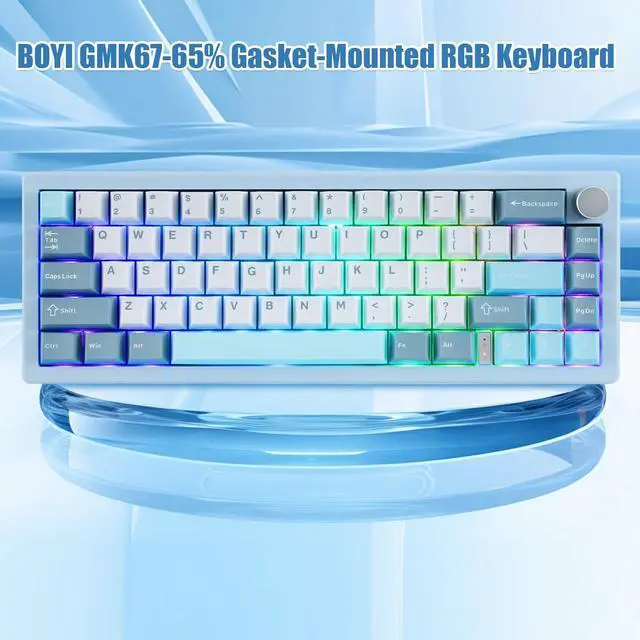 Alt view image 7 of 7 - BOYI GMK67 65% Mechanical Keyboard,Hot-Swappable BT5.0/2.4G/Type-C Tri-Mode Wireless RGB Gasket Mounted Customized South-Facing LED Kit Keyboard (Blue-White)