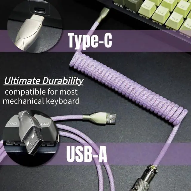 Alt view image 3 of 6 - USB C Coiled Keyboard Cable - Gaming Keyboard Coil Cord ,Custom Type Braided Mechanical Keyboard Cable With Detachable Metal Aviator Wire, 1.5M USB-C to USB-A, Computer Decoration Keyboard Wire Purple