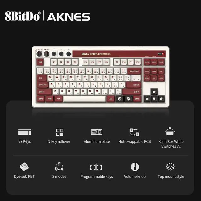 Alt view image 3 of 6 - AKNES 8Bitdo Retro Mechanical TKL Keyboard, Hot Swappable with 87 Keys, Dual Programmable Buttons, Bluetooth / 2.4G / USB-C for Windows and Android - Fami Edition