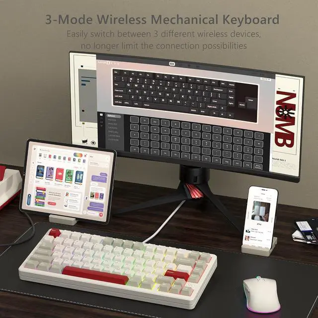 Alt view image 6 of 6 - Womier SK75 75% Keyboard with Full Aluminum Wireless Mechanical Gaming Keyboard, VIA Custom Pre-lubed POM Switches RGB Creamy Gaming Key Board, 3-Modes Gasket Hot Swappable, White-1