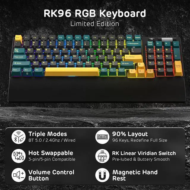Alt view image 2 of 7 - RK ROYAL KLUDGE RK96 RGB Limited Ed, 90% 96 Keys Wireless 3-Mode BT5.0/2.4G/USB-C Hot Swappable Mechanical Keyboard w/Wrist Rest, Volume Control, Software, Massive Battery, RK Viridian Switch