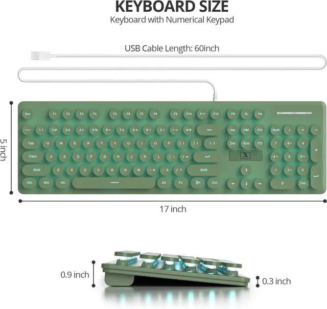Alt view image 6 of 6 - surmen Cute Quiet Keyboard Green Wired Typewriter Keyboard, Light Up Backlit PC Keyboards with Retro Round Keys Full Size 104 Keys for Office Computer (Dark Green)