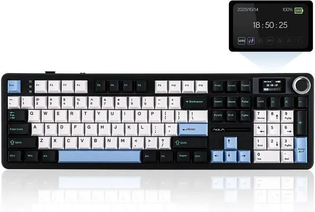 Main image of EPOMAKER X Aula F108 PRO Wireless Gaming Keyboard with Screen, 8000mAh Battery, 104 Hot-Swappable and Programmable Keys and Knob, RGB Backlight, for Mac/PC/Android (Blue&White&Black)