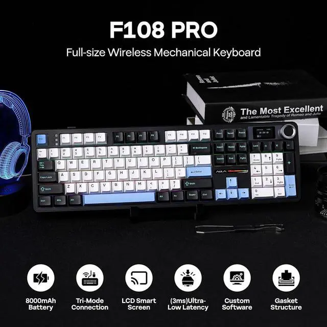 Alt view image 2 of 7 - EPOMAKER X Aula F108 PRO Wireless Gaming Keyboard with Screen, 8000mAh Battery, 104 Hot-Swappable and Programmable Keys and Knob, RGB Backlight, for Mac/PC/Android (Blue&White&Black)