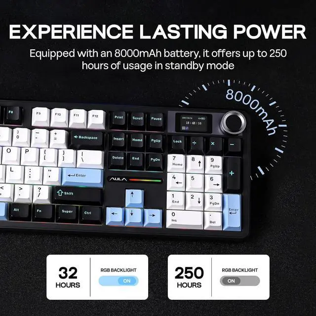 Alt view image 5 of 7 - EPOMAKER X Aula F108 PRO Wireless Gaming Keyboard with Screen, 8000mAh Battery, 104 Hot-Swappable and Programmable Keys and Knob, RGB Backlight, for Mac/PC/Android (Blue&White&Black)