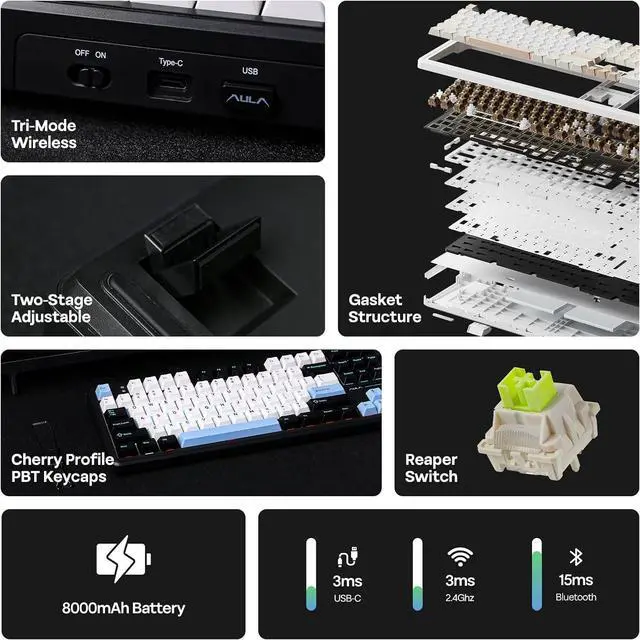 Alt view image 3 of 7 - EPOMAKER X Aula F108 PRO Wireless Gaming Keyboard with Screen, 8000mAh Battery, 104 Hot-Swappable and Programmable Keys and Knob, RGB Backlight, for Mac/PC/Android (Blue&White&Black)