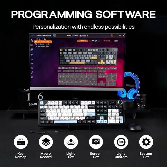 Alt view image 7 of 7 - EPOMAKER X Aula F108 PRO Wireless Gaming Keyboard with Screen, 8000mAh Battery, 104 Hot-Swappable and Programmable Keys and Knob, RGB Backlight, for Mac/PC/Android (Blue&White&Black)