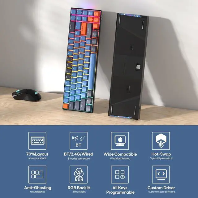 Alt view image 2 of 6 - RK ROYAL KLUDGE 70% Mechanical Keyboard - RK71 Wireless Gaming Keyboard with Hot-Swappable Brown Switches, Double-Shot Creamy Keycaps, RGB Backlit, and Triple-Mode Connectivity