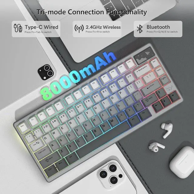 Alt view image 3 of 6 - Womier 75% Keyboard QMK/VIA, Wireless Keyboard Creamy Gaming CNC Aluminum, Tri-Mode Mechanical Key Board with 8000mAh Battery Custom Hot Swappable RGB Backlit for Windows/Mac/PC (SK71 PRO-Grey)