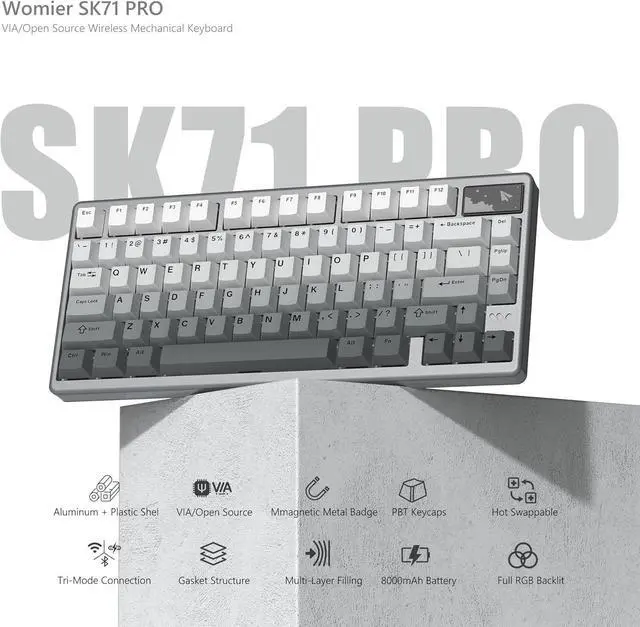 Alt view image 6 of 6 - Womier 75% Keyboard QMK/VIA, Wireless Keyboard Creamy Gaming CNC Aluminum, Tri-Mode Mechanical Key Board with 8000mAh Battery Custom Hot Swappable RGB Backlit for Windows/Mac/PC (SK71 PRO-Grey)