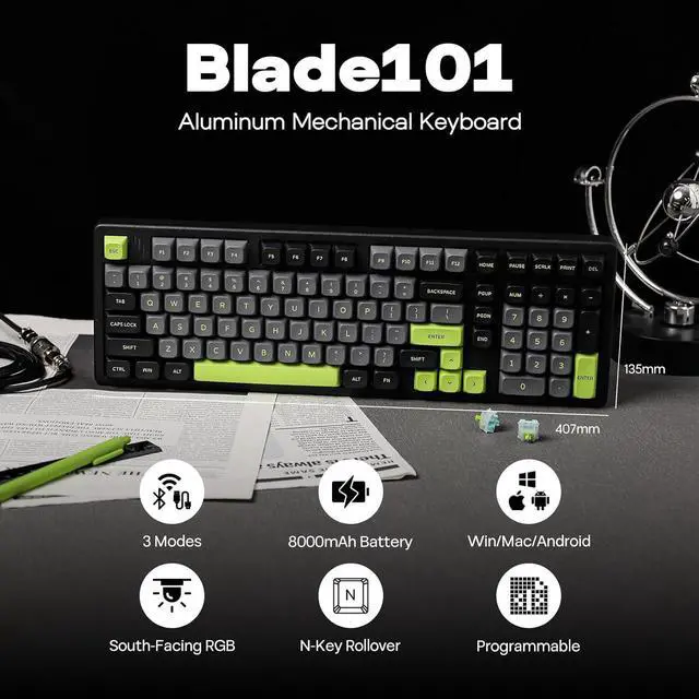 Alt view image 2 of 7 - Blade101 Wireless Aluminum Gaming Keyboard, BT5.0/2.4GHz/USB-C Hot Swappable Custom Mechanical Keyboard with 8000mAh Battery, Gasket Structure, RGB Backlit, NKRO for Win/Mac (Black)