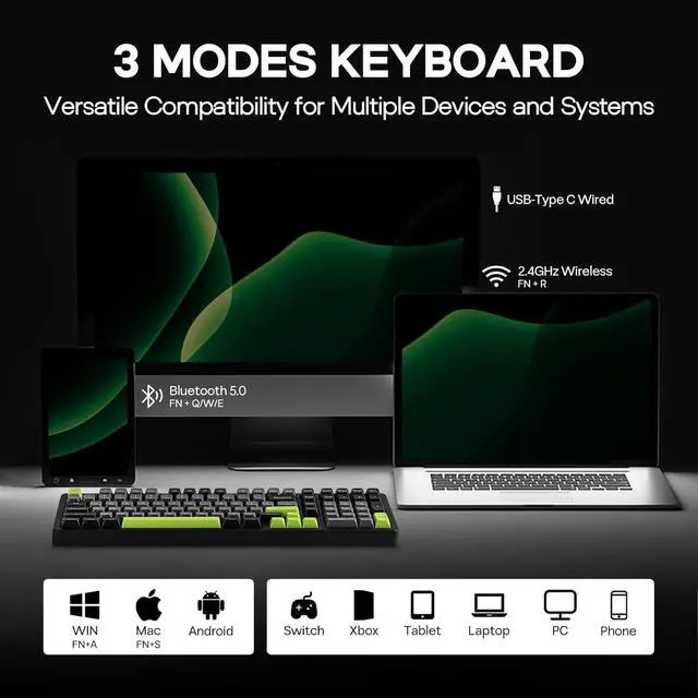 Alt view image 3 of 7 - Blade101 Wireless Aluminum Gaming Keyboard, BT5.0/2.4GHz/USB-C Hot Swappable Custom Mechanical Keyboard with 8000mAh Battery, Gasket Structure, RGB Backlit, NKRO for Win/Mac (Black)