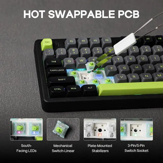 Alt view image 4 of 7 - Blade101 Wireless Aluminum Gaming Keyboard, BT5.0/2.4GHz/USB-C Hot Swappable Custom Mechanical Keyboard with 8000mAh Battery, Gasket Structure, RGB Backlit, NKRO for Win/Mac (Black)