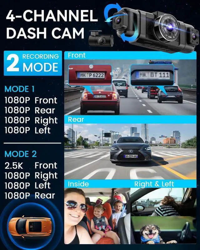 Alt view image 3 of 7 - IIWEY N5 4 Channel Dash Cam 360° View, 1080P Front and Rear Inside, Left Right Dash Camera for Cars, 8 IR Lamps Night Vision, 5G WiFi & APP Control, G-Sensor, Parking Mode, with a Free 128GB SD Card