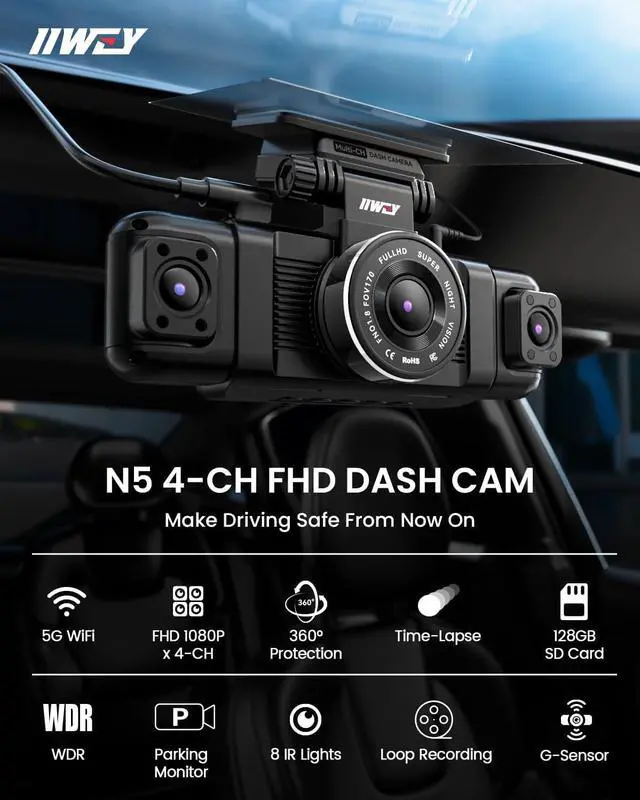 Alt view image 2 of 7 - IIWEY N5 4 Channel Dash Cam 360° View, 1080P Front and Rear Inside, Left Right Dash Camera for Cars, 8 IR Lamps Night Vision, 5G WiFi & APP Control, G-Sensor, Parking Mode, with a Free 128GB SD Card