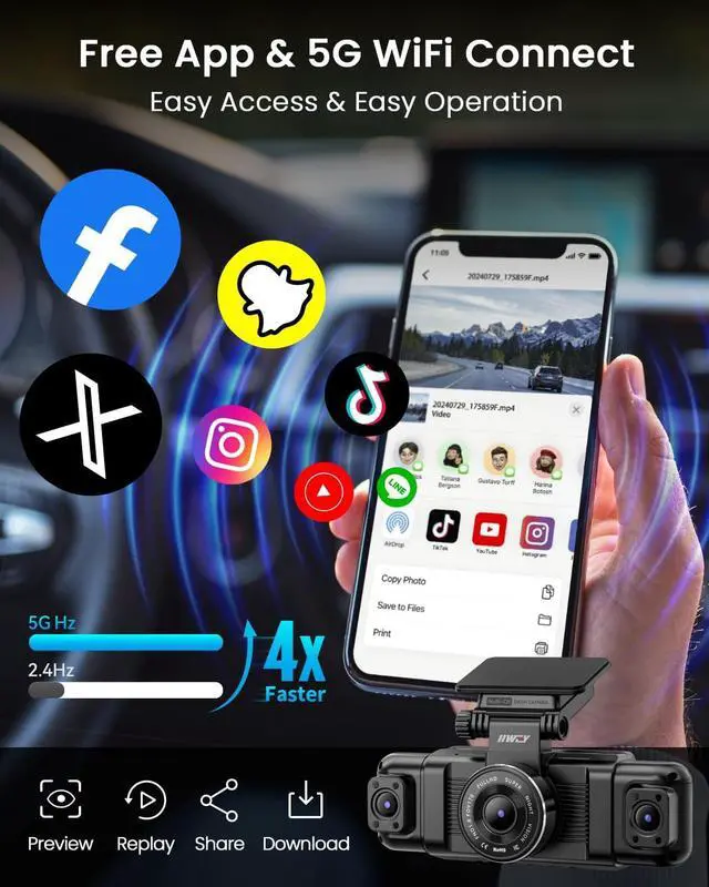 Alt view image 6 of 7 - IIWEY N5 4 Channel Dash Cam 360° View, 1080P Front and Rear Inside, Left Right Dash Camera for Cars, 8 IR Lamps Night Vision, 5G WiFi & APP Control, G-Sensor, Parking Mode, with a Free 128GB SD Card