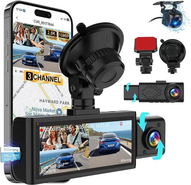 Main image of Dash Cam Front Rear and Inside, 3 Channel Dual Dash Camera for Cars WiFi 2.5K Dashcams for Car W/ 64GB Card,1440P Dashcam Front+1080P Inside Car Camera+1080P Rear Car Dash Cam,G-Sensor,IR Night Vision