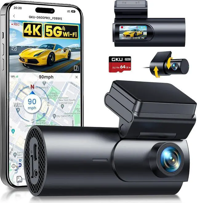 Main image of GKU Dash Cam Front and Rear Camera,4K+1080P, 5.8GHz WiFi & GPS Dash Camera for Cars,with 64G SDcard,1.47" Display Dashcam, 24HParking Mode,App Control,Super Night Vision,WDR,Support Max 256GB