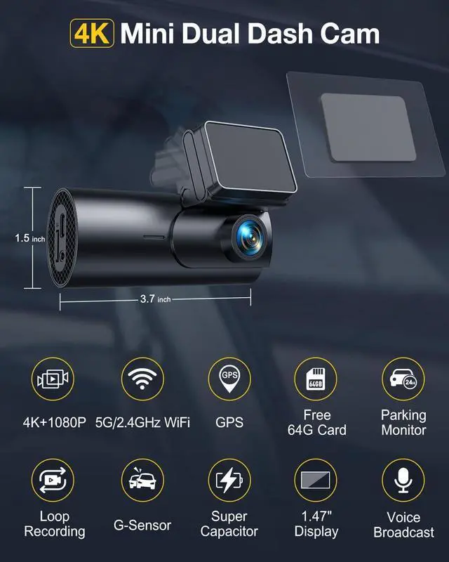 Alt view image 2 of 7 - GKU Dash Cam Front and Rear Camera,4K+1080P, 5.8GHz WiFi & GPS Dash Camera for Cars,with 64G SDcard,1.47" Display Dashcam, 24HParking Mode,App Control,Super Night Vision,WDR,Support Max 256GB