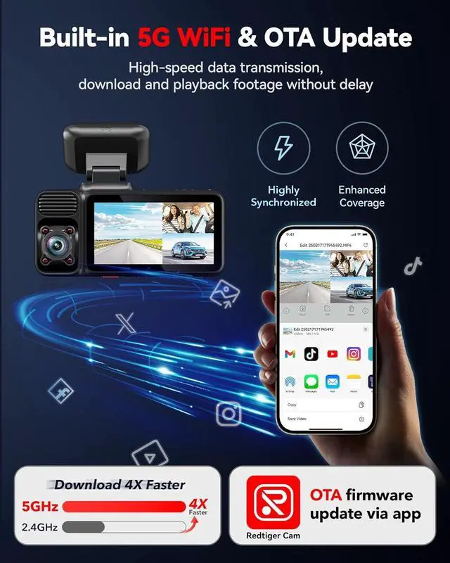 Alt view image 4 of 7 - REDTIGER F17 4K 3 Channel Dash Cam, 5GHz WiFi Built-in GPS with 64GB Card, 2160P+1080P+1080P Front and Rear Inside, Triple Car Camera with 3 Inch Screen, IR Night Vision, G Sensor, WDR, Parking Mode