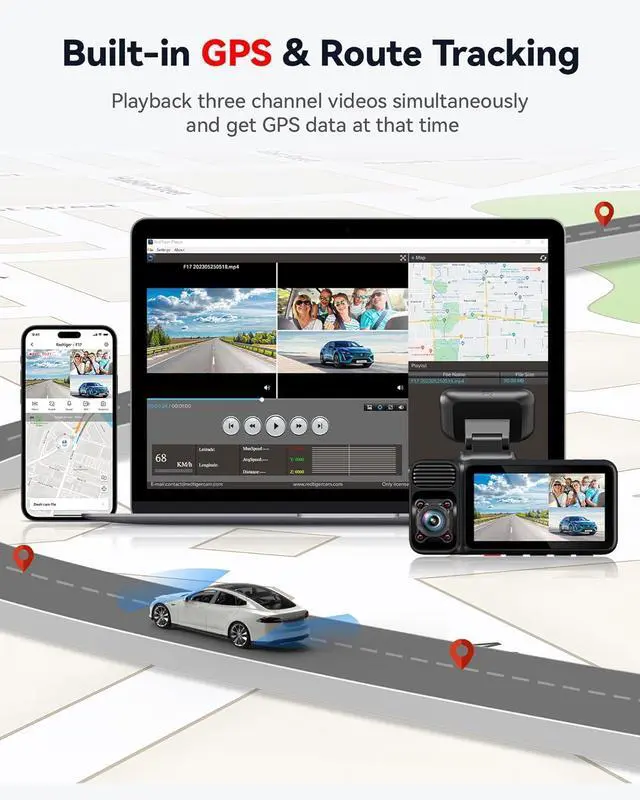 Alt view image 5 of 7 - REDTIGER F17 4K 3 Channel Dash Cam, 5GHz WiFi Built-in GPS with 64GB Card, 2160P+1080P+1080P Front and Rear Inside, Triple Car Camera with 3 Inch Screen, IR Night Vision, G Sensor, WDR, Parking Mode