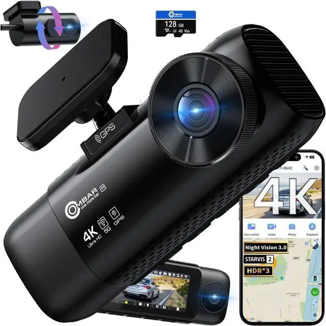 Main image of OMBAR T1 4K 3 Channel Dash Cam, STARVIS 2 IMX678 Sensors, Free 128GB Card, 2025 New Full Color HDR Night Vision, 4K+1080P+1080P Triple Car Camera,5G WiFi, 24H Parking Mode, Support 512GB Max