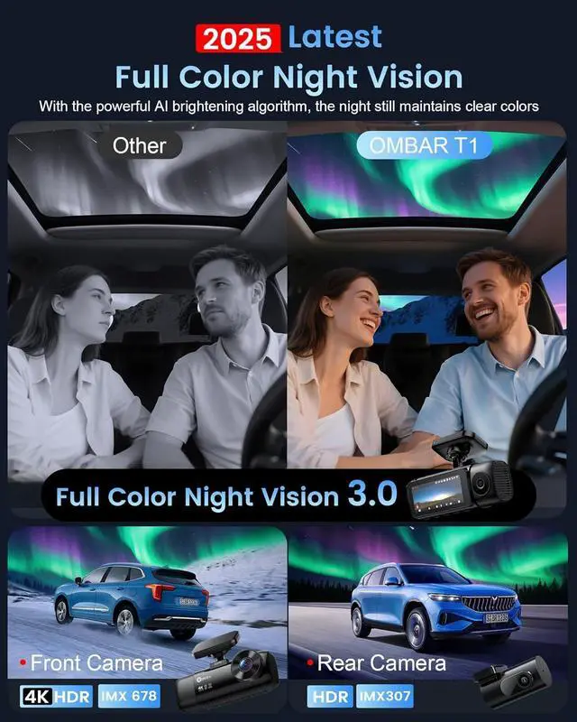 Alt view image 2 of 7 - OMBAR T1 4K 3 Channel Dash Cam, STARVIS 2 IMX678 Sensors, Free 128GB Card, 2025 New Full Color HDR Night Vision, 4K+1080P+1080P Triple Car Camera,5G WiFi, 24H Parking Mode, Support 512GB Max